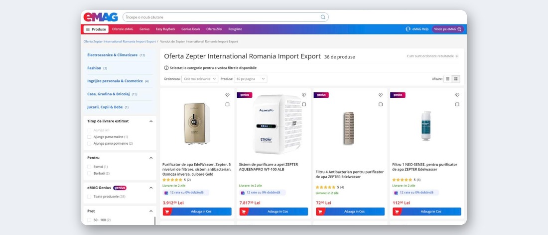 Zepter România pe eMAG: produse oficiale și pe marketplace